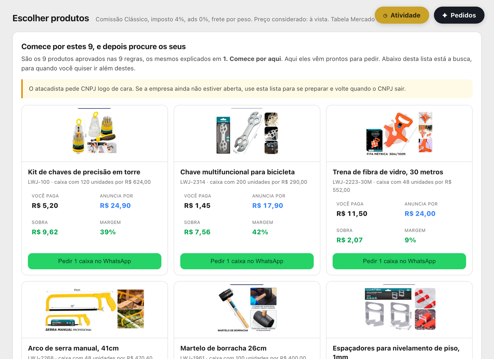 Lista de produtos do Kalibrol mostrando, para cada item, quanto você paga ao fornecedor, por quanto anuncia, quanto sobra e a margem.
